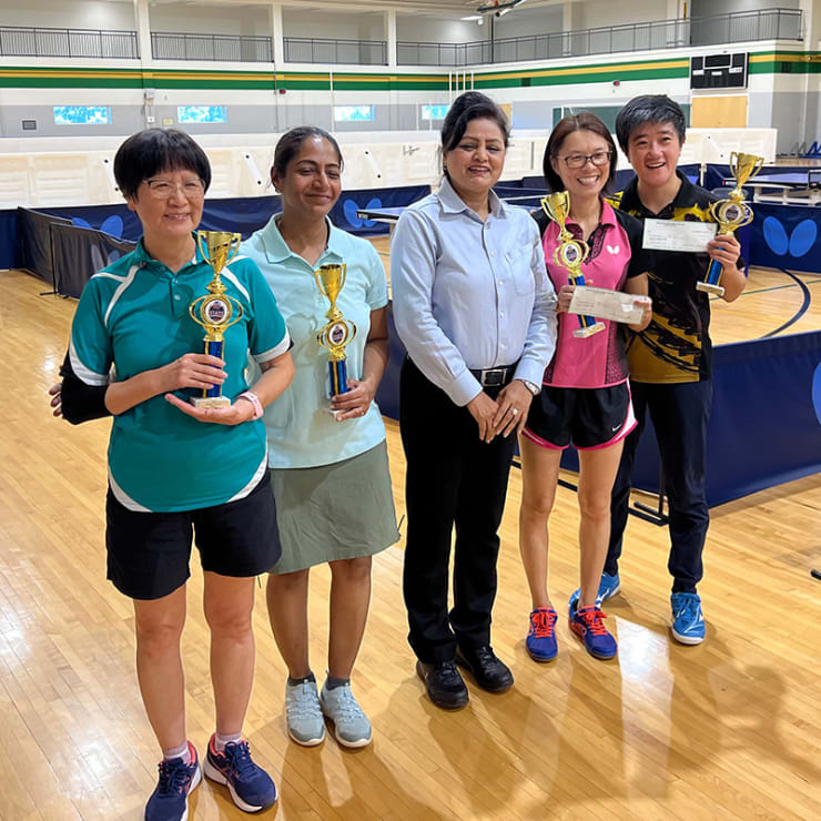 (L-R) Mixed Doubles Semifinalists - Ling Fan/Steve Wang, Champions - Rachel Wang/Changbo Lu, Finalists - Cameron Smith/Kyoka Kanae, and Semifinalists - Lei Wu/Zhen Jia at the 2023 NC State Championships.